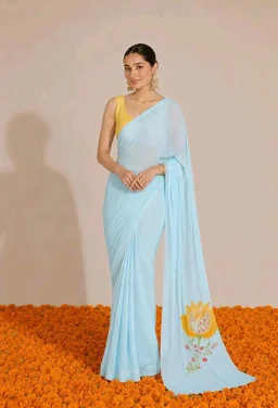 Women's Sky Blue Soft Organza Saree with Floral Pallu Print | Haldi Special Pastel Saree | Lightweight Designer Saree with Unstitched Blouse Piece |