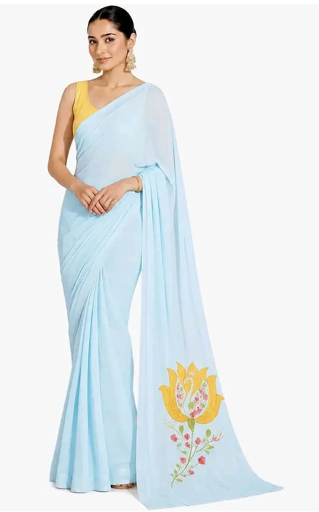 Women's Sky Blue Soft Organza Saree with Floral Pallu Print | Haldi Special Pastel Saree | Lightweight Designer Saree with Unstitched Blouse Piece |