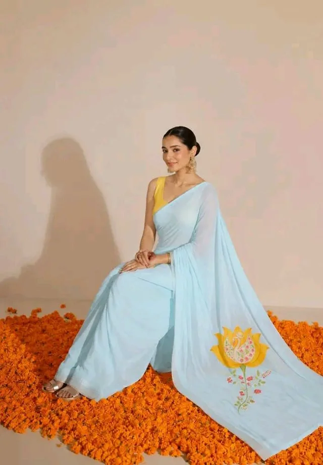 Women's Sky Blue Soft Organza Saree with Floral Pallu Print | Haldi Special Pastel Saree | Lightweight Designer Saree with Unstitched Blouse Piece |