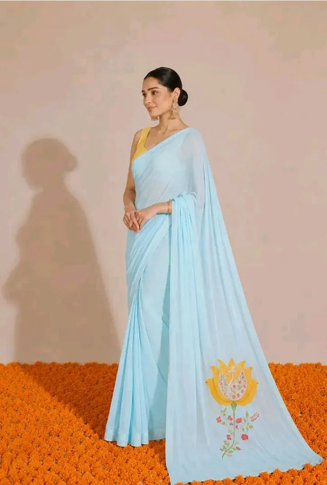 Women's Sky Blue Soft Organza Saree with Floral Pallu Print | Haldi Special Pastel Saree | Lightweight Designer Saree with Unstitched Blouse Piece |