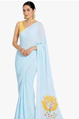 Women's Sky Blue Soft Organza Saree with Floral Pallu Print | Haldi Special Pastel Saree | Lightweight Designer Saree with Unstitched Blouse Piece |