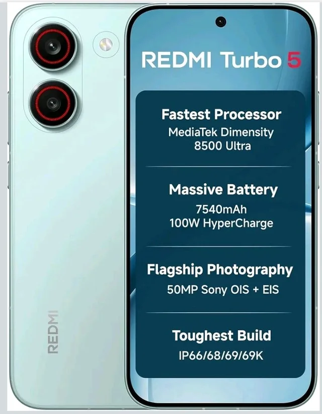 REDMI Turbo 5 (8GB + 256GB) Nitro Blue | Dimensity 8500 Ultra | Mega 7540mAh Battery | 100W HyperCharge | Compact 16.75cm(6.59) 120Hz AMOLED Screen | 50MP Sony OIS Camera - Nitro Blue