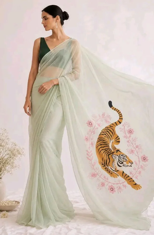 Women's Soft Organza Saree with Artistic Tiger Print Pallu | Mint Green Designer Saree with Black Unstitched Blouse Piece | Lightweight Party, Festive, Wedding & Casual Wear