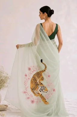 Women's Soft Organza Saree with Artistic Tiger Print Pallu | Mint Green Designer Saree with Black Unstitched Blouse Piece | Lightweight Party, Festive, Wedding & Casual Wear
