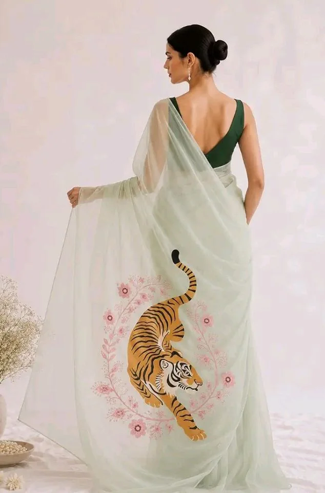 Women's Soft Organza Saree with Artistic Tiger Print Pallu | Mint Green Designer Saree with Black Unstitched Blouse Piece | Lightweight Party, Festive, Wedding & Casual Wear