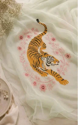 Women's Soft Organza Saree with Artistic Tiger Print Pallu | Mint Green Designer Saree with Black Unstitched Blouse Piece | Lightweight Party, Festive, Wedding & Casual Wear