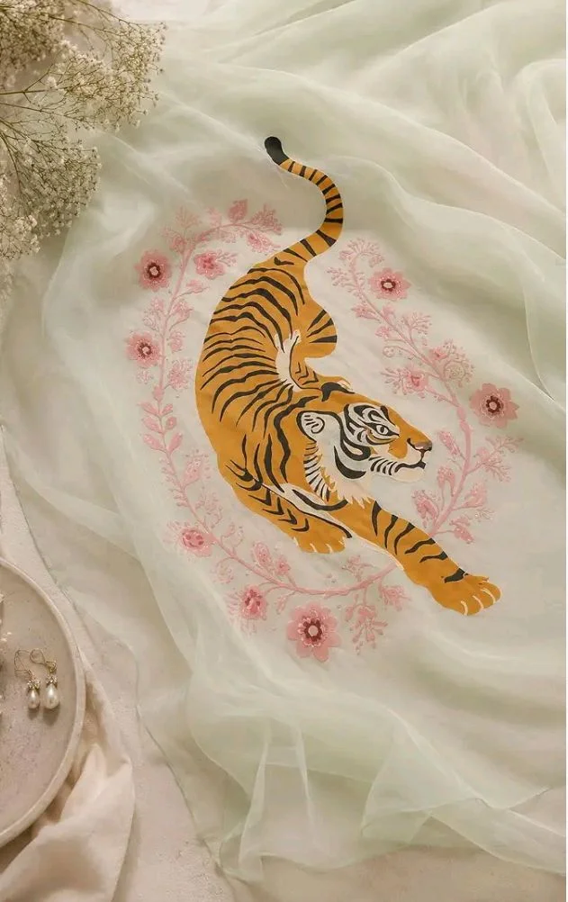 Women's Soft Organza Saree with Artistic Tiger Print Pallu | Mint Green Designer Saree with Black Unstitched Blouse Piece | Lightweight Party, Festive, Wedding & Casual Wear