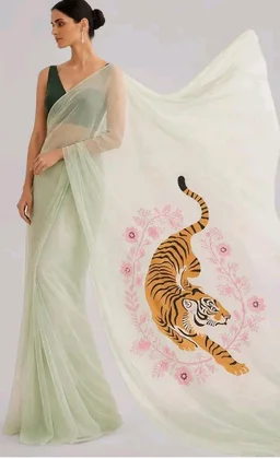 Women's Soft Organza Saree with Artistic Tiger Print Pallu | Mint Green Designer Saree with Black Unstitched Blouse Piece | Lightweight Party, Festive, Wedding & Casual Wear
