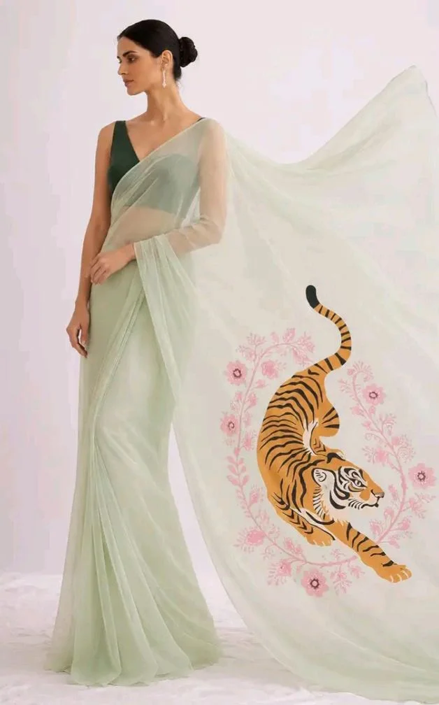 Women's Soft Organza Saree with Artistic Tiger Print Pallu | Mint Green Designer Saree with Black Unstitched Blouse Piece | Lightweight Party, Festive, Wedding & Casual Wear