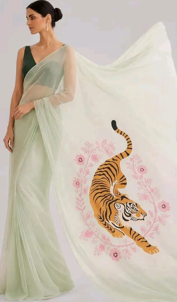 Women's Soft Organza Saree with Artistic Tiger Print Pallu | Mint Green Designer Saree with Black Unstitched Blouse Piece | Lightweight Party, Festive, Wedding & Casual Wear