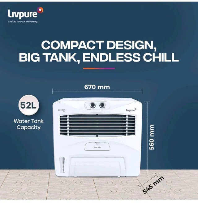 Livpure GoodAir Window 52L Air Cooler | 188 Sq. Ft. Area Coverage| 190 Watt Motor with Overload Protection |Inverter Compatible|Woodwool Cooling Pads |2 Yrs Motor W