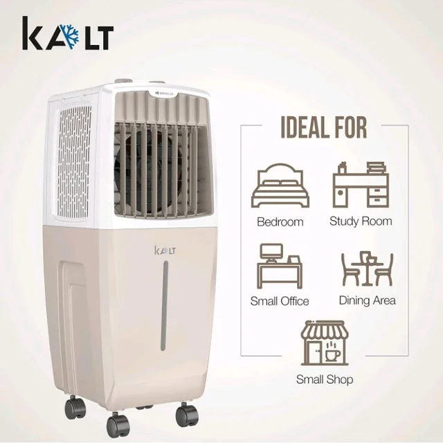 Havells Kalt 24L Personal Air Cooler for home | Powerful Air Delivery | Low Noise, Knob Panel | Everlast Pump | 4 Way Air Deflection | High Density Honeycomb Pads | Heavy Duty (White/Champagne Gold)
