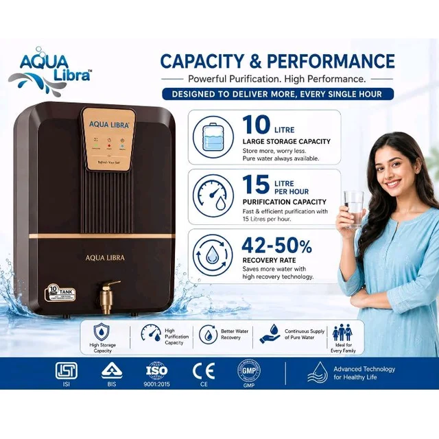 AQUA LIBRA Premium Series RO Water Purifier | RO + UV + Active Copper + TDS Controller + UF | 10 Litre Storage | 15 LPH | Food Grade Material | Pan India Service
