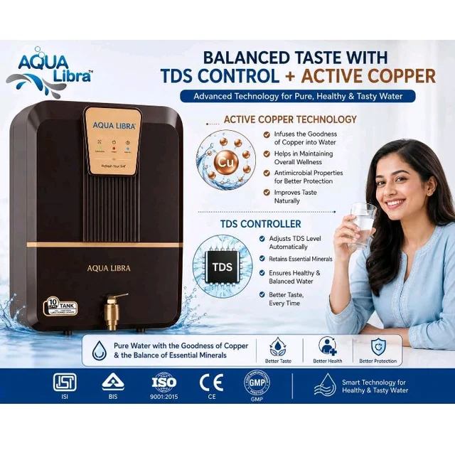 AQUA LIBRA Premium Series RO Water Purifier | RO + UV + Active Copper + TDS Controller + UF | 10 Litre Storage | 15 LPH | Food Grade Material | Pan India Service