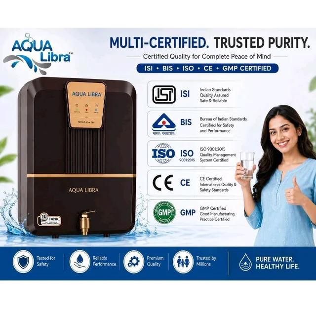 AQUA LIBRA Premium Series RO Water Purifier | RO + UV + Active Copper + TDS Controller + UF | 10 Litre Storage | 15 LPH | Food Grade Material | Pan India Service