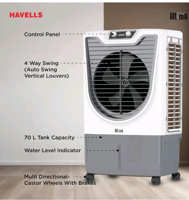 Havells Altima 70 L Desert Air Cooler for Home/Office|Powerful Air-Delivery|Bacteria Shield Honeycomb Pads|Ice Chamber|Front Wheels with brakes|Double Ball Bearing Motor|Inverter Compatible