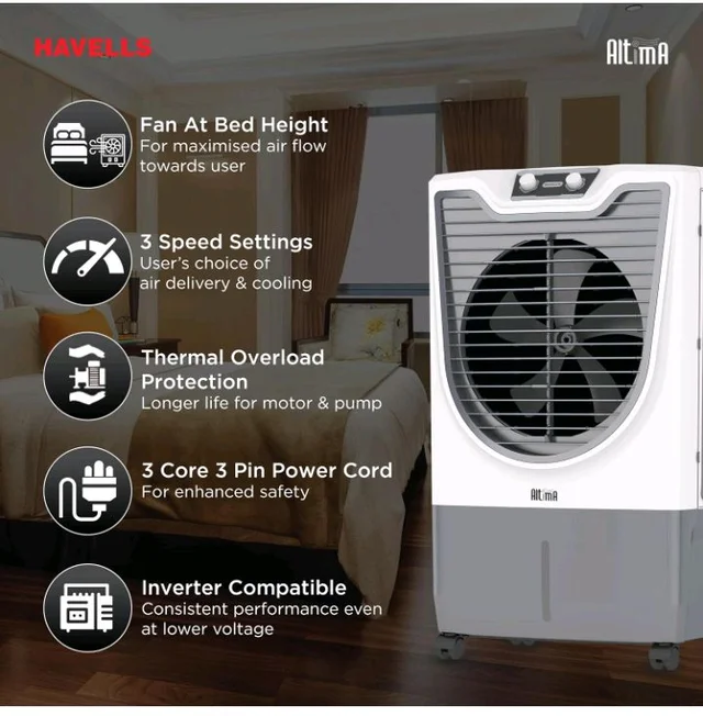 Havells Altima 70 L Desert Air Cooler for Home/Office|Powerful Air-Delivery|Bacteria Shield Honeycomb Pads|Ice Chamber|Front Wheels with brakes|Double Ball Bearing Motor|Inverter Compatible