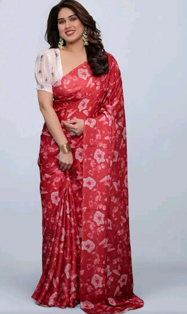 Floral Printed Satin Georgette Saree with Attached Blouse, 5.5 Metre Saree and 0.8 Metre Blouse (V SG 101-110 F)