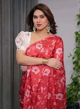 Floral Printed Satin Georgette Saree with Attached Blouse, 5.5 Metre Saree and 0.8 Metre Blouse (V SG 101-110 F)