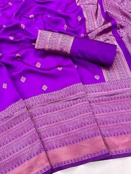 Printed Banarasi Cotton Silk Saree with Gold Zari Border & Unstitched Blouse Piece – Ethnic Saree for Weddings & Festivals