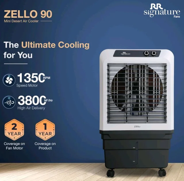 RR Signature Zello HC 90 LTR | Desert Air Cooler with High Air Delivery | Honeycomb Pads | 4-Way Air Deflection | Vertical Auto Swing | Castor Wheels | Inverter Compatibility | 1