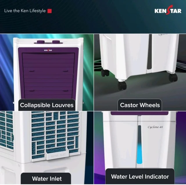 Kenstar CYCLONE HC 40L Personal Air Cooler|Honeycomb Pad|High Speed Fan|45 Ft Powerful Air Throw|Inverter Compatible|1-Yr Product Warranty+5-Yr Warranty on Pump&Motor|5-Star BEE Rating|White & Purple