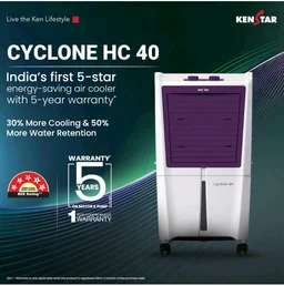Kenstar CYCLONE HC 40L Personal Air Cooler|Honeycomb Pad|High Speed Fan|45 Ft Powerful Air Throw|Inverter Compatible|1-Yr Product Warranty+5-Yr Warranty on Pump&Motor|5-Star BEE Rating|White & Purple