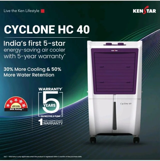 Kenstar CYCLONE HC 40L Personal Air Cooler|Honeycomb Pad|High Speed Fan|45 Ft Powerful Air Throw|Inverter Compatible|1-Yr Product Warranty+5-Yr Warranty on Pump&Motor|5-Star BEE Rating|White & Purple