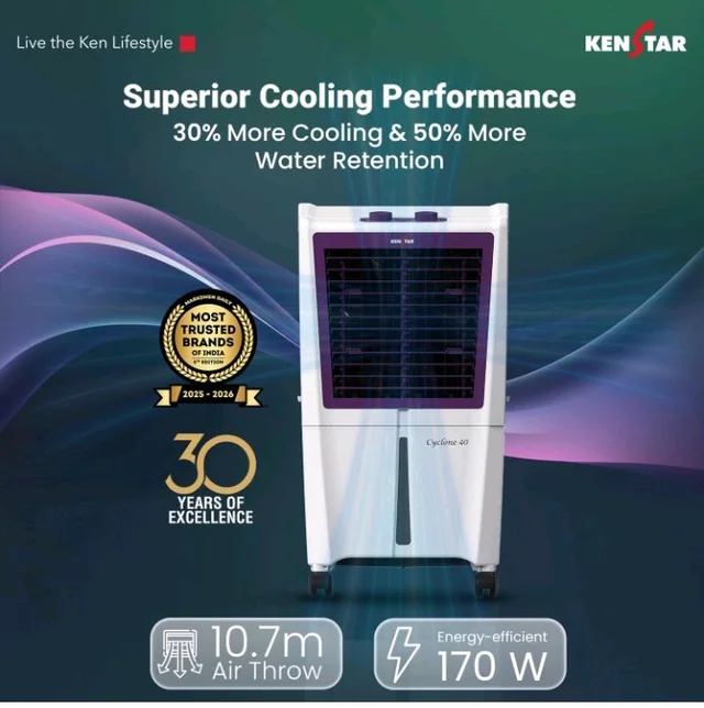 Kenstar CYCLONE HC 40L Personal Air Cooler|Honeycomb Pad|High Speed Fan|45 Ft Powerful Air Throw|Inverter Compatible|1-Yr Product Warranty+5-Yr Warranty on Pump&Motor|5-Star BEE Rating|White & Purple