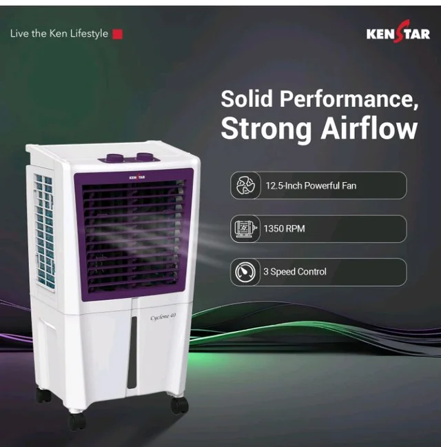 Kenstar CYCLONE HC 40L Personal Air Cooler|Honeycomb Pad|High Speed Fan|45 Ft Powerful Air Throw|Inverter Compatible|1-Yr Product Warranty+5-Yr Warranty on Pump&Motor|5-Star BEE Rating|White & Purple