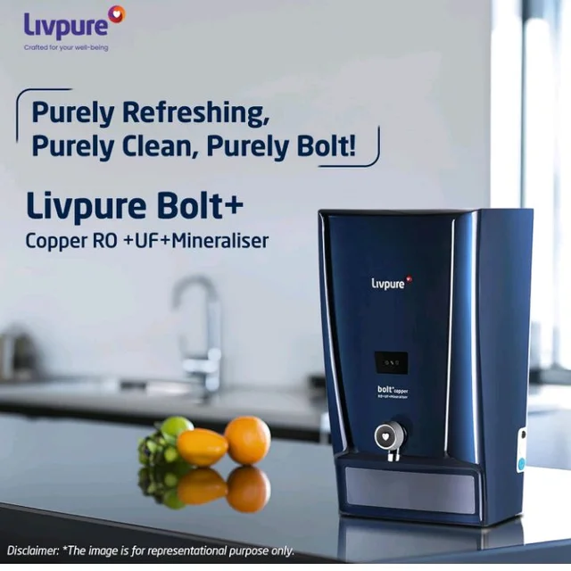Livpure Bolt+Copper+RO+UF+Mineraliser, 80% Water Savings, 7 L tank, Water Purifier for home (Blue) Suitable for Municipal, Tanker, Borewell water
