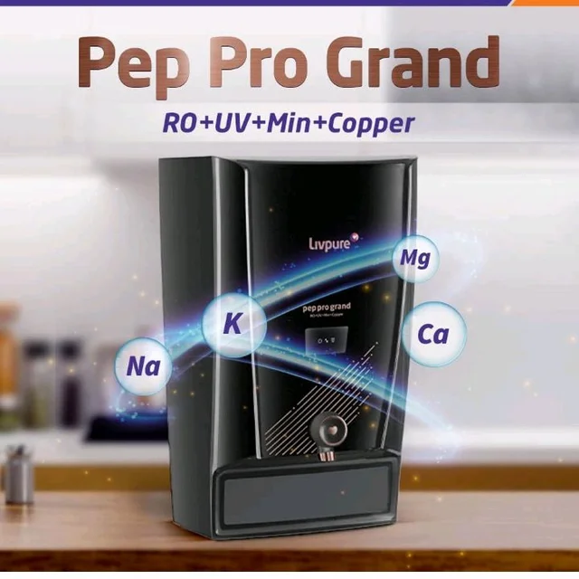 Livpure Pep Pro Grand RO+UV+Mineraliser+Copper, 15 LPH Water Purifier | Suitable for Borewell, Tanker, Municipal Water - 7 L Storage Tank, Black