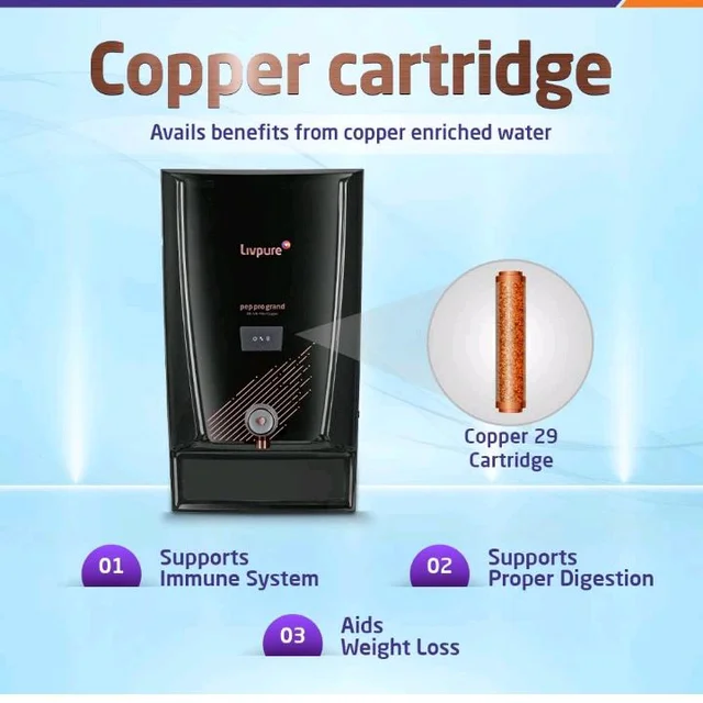 Livpure Pep Pro Grand RO+UV+Mineraliser+Copper, 15 LPH Water Purifier | Suitable for Borewell, Tanker, Municipal Water - 7 L Storage Tank, Black