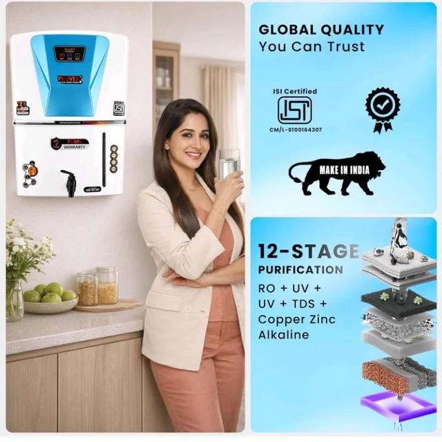 Proven Jupiter RO Water Purifier 12L RO+UV+UF with Copper & Zinc
12L storage, RO+UV+UF purification, Copper & Zinc, TDS Adjuster, ISI certified; Made in India for home use.