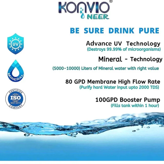 Konvio Neer Elixir RO UV UF TDS Water Purifier with 15L Storage
Advanced RO, UV and UF water purifier with TDS adjuster, 15L storage and wall-mount design for