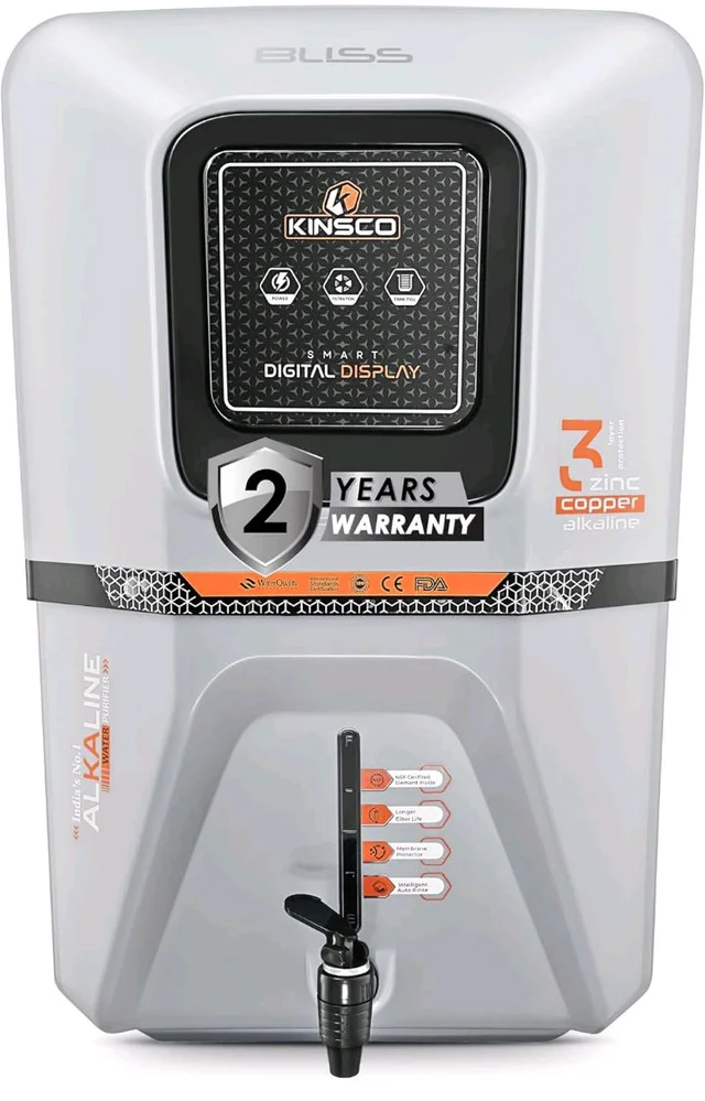 Kinsco Bliss 15L Alkaline RO+UV+UF Water Purifier with Copper & Zinc Cartridge | Smart Digital Display | Wall Mount Design | Gray | 2 Years Warranty | No Service Needed for 2 Years
71%
off
Product Images and Videos (AI-Generated Alt Text)