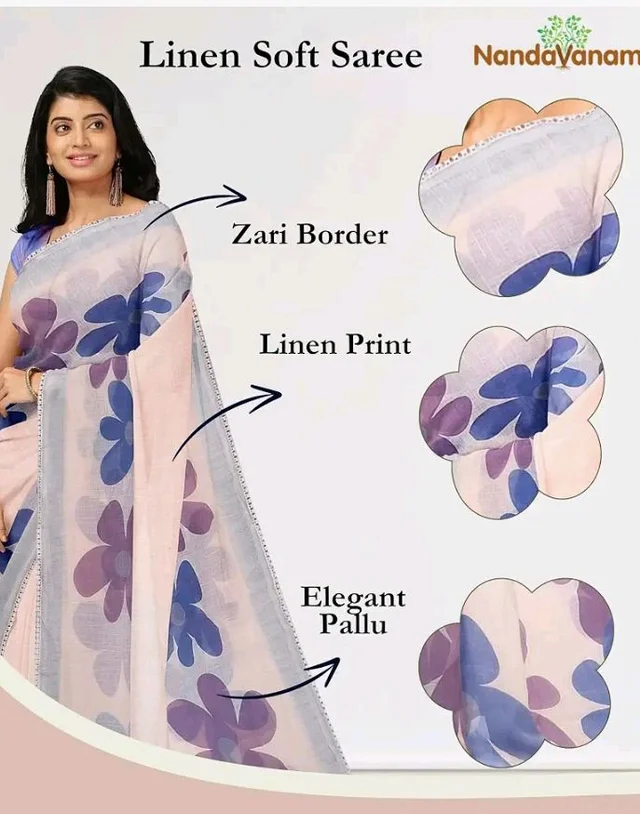 Women's Linen Cotton Saree Digital Print With Contrast Blouse