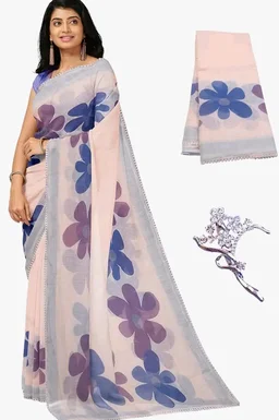 Women's Linen Cotton Saree Digital Print With Contrast Blouse