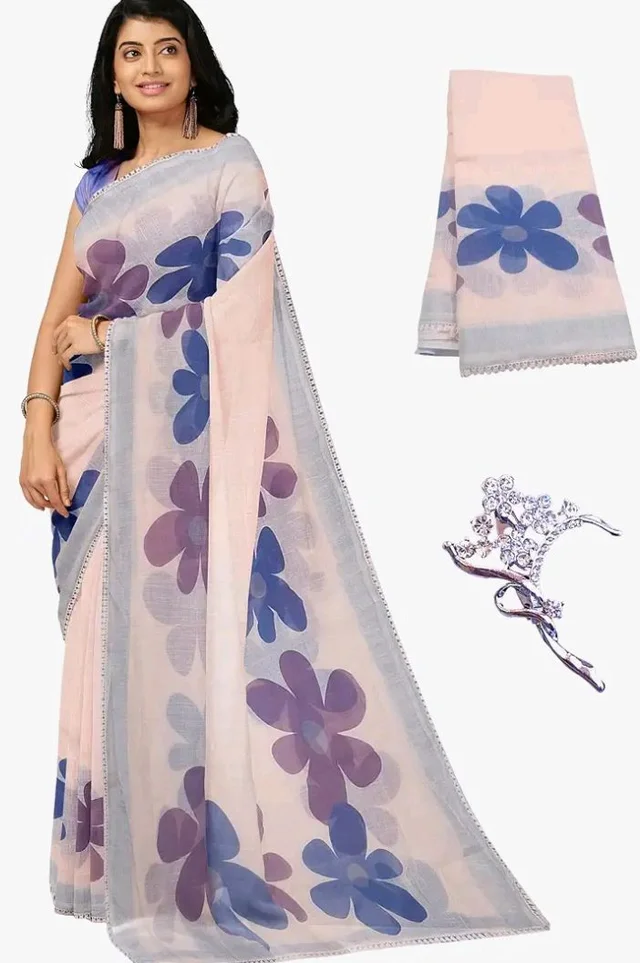 Women's Linen Cotton Saree Digital Print With Contrast Blouse