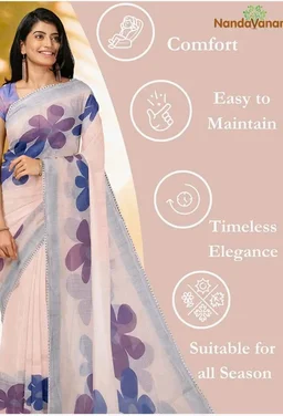 Women's Linen Cotton Saree Digital Print With Contrast Blouse
