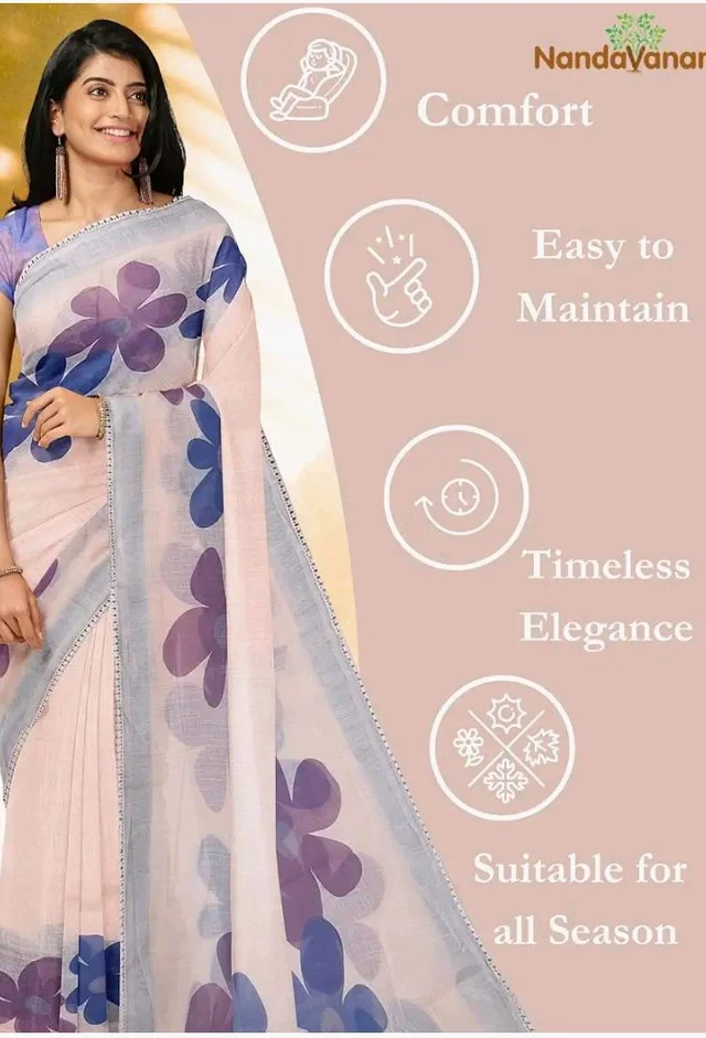 Women's Linen Cotton Saree Digital Print With Contrast Blouse