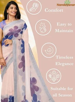 Women's Linen Cotton Saree Digital Print With Contrast Blouse
