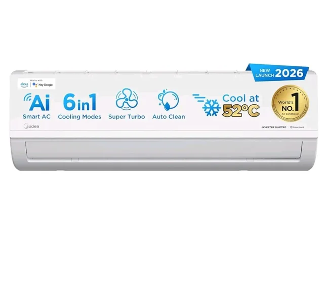 Midea 1.36 Ton 3 Star Inverter Split AC, MAI18SD3R36W0/MAI18SD3R36W1
2026 Model,Copper Condenser,Wi-Fi & 6-in-1,52°C Heavy Duty Cooling,HD+PM 2.5 Filter