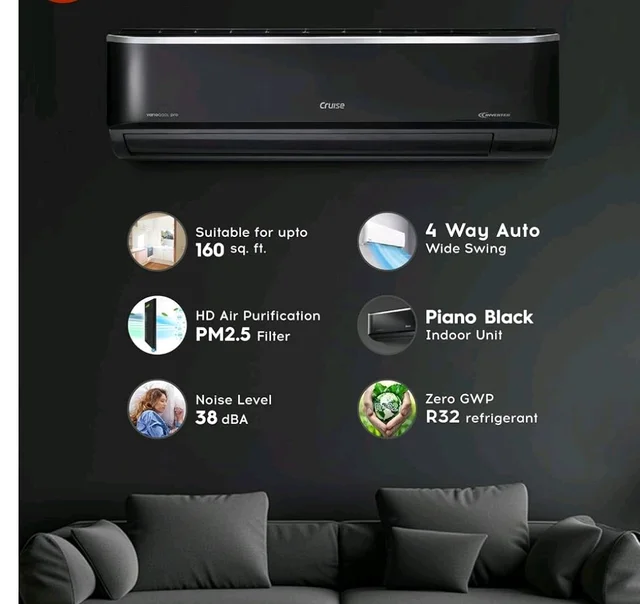 Cruise 1.6 Ton 3 Star Inverter Split AC (CWCVBM-VP3F193BL, Piano Black)
Heavy Duty Cooling at 55°C, 2026 Model, Long Airflow, 100% Copper, Convertible 5-in-1, 4-Way Swing, PM 2.5 Filter
