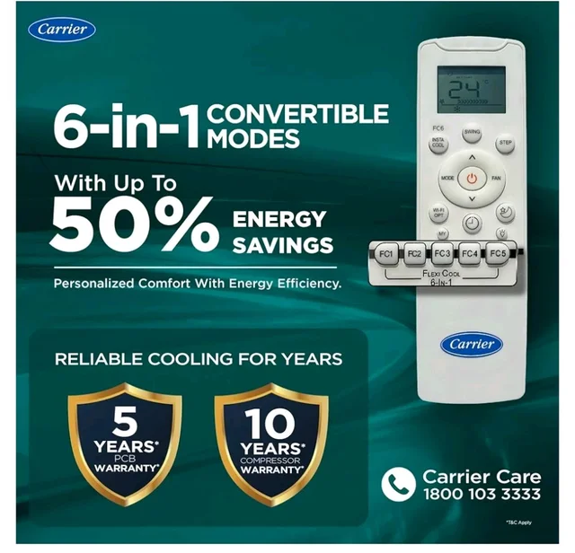 Carrier 1 Ton 3 Star,New Star rated, Flexicool Inverter Split AC (Copper, Convertible 6-in-1 with Smart Energy Display, Insta Cool, Auto Clean, PM 2.5 Filter, ESTER EDGE Gxi-CAI12EE3R36F0, White)