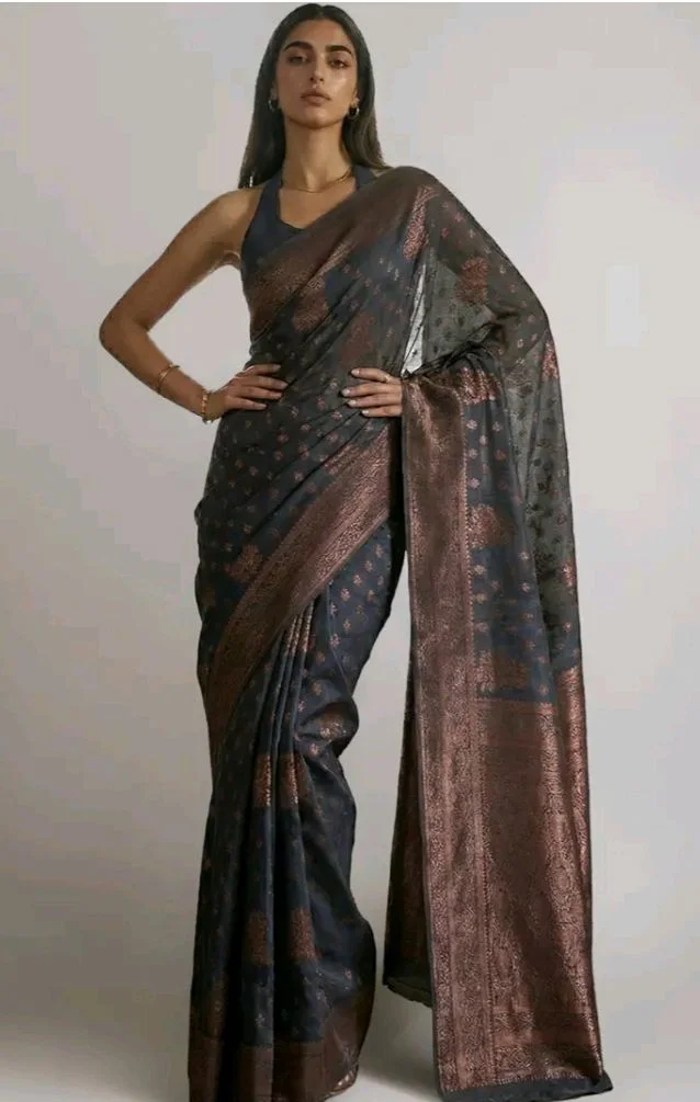Threadbox Women's Grey Silk Blend Floral Woven Design Jacquard Saree with Blouse Piece (SAR613-AI-TX)