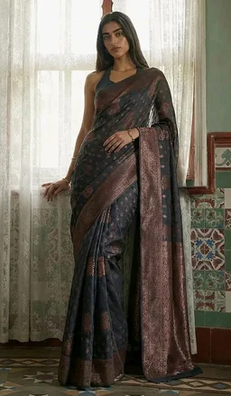Threadbox Women's Grey Silk Blend Floral Woven Design Jacquard Saree with Blouse Piece (SAR613-AI-TX)