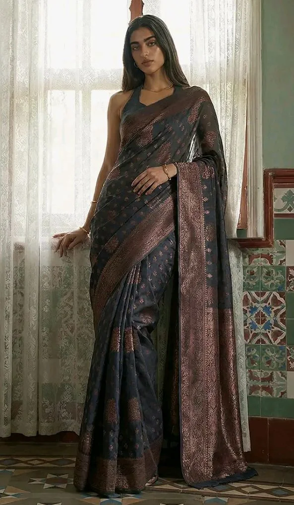 Threadbox Women's Grey Silk Blend Floral Woven Design Jacquard Saree with Blouse Piece (SAR613-AI-TX)