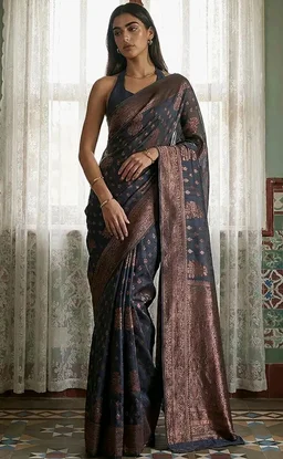 Threadbox Women's Grey Silk Blend Floral Woven Design Jacquard Saree with Blouse Piece (SAR613-AI-TX)