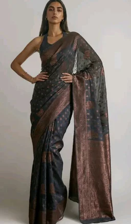 Threadbox Women's Grey Silk Blend Floral Woven Design Jacquard Saree with Blouse Piece (SAR613-AI-TX)